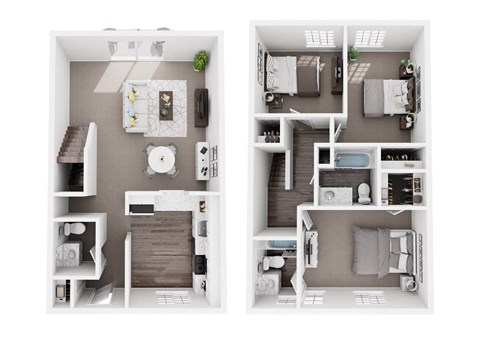 Two images of a small apartment layout with a kitchen, living room, and bedroom.